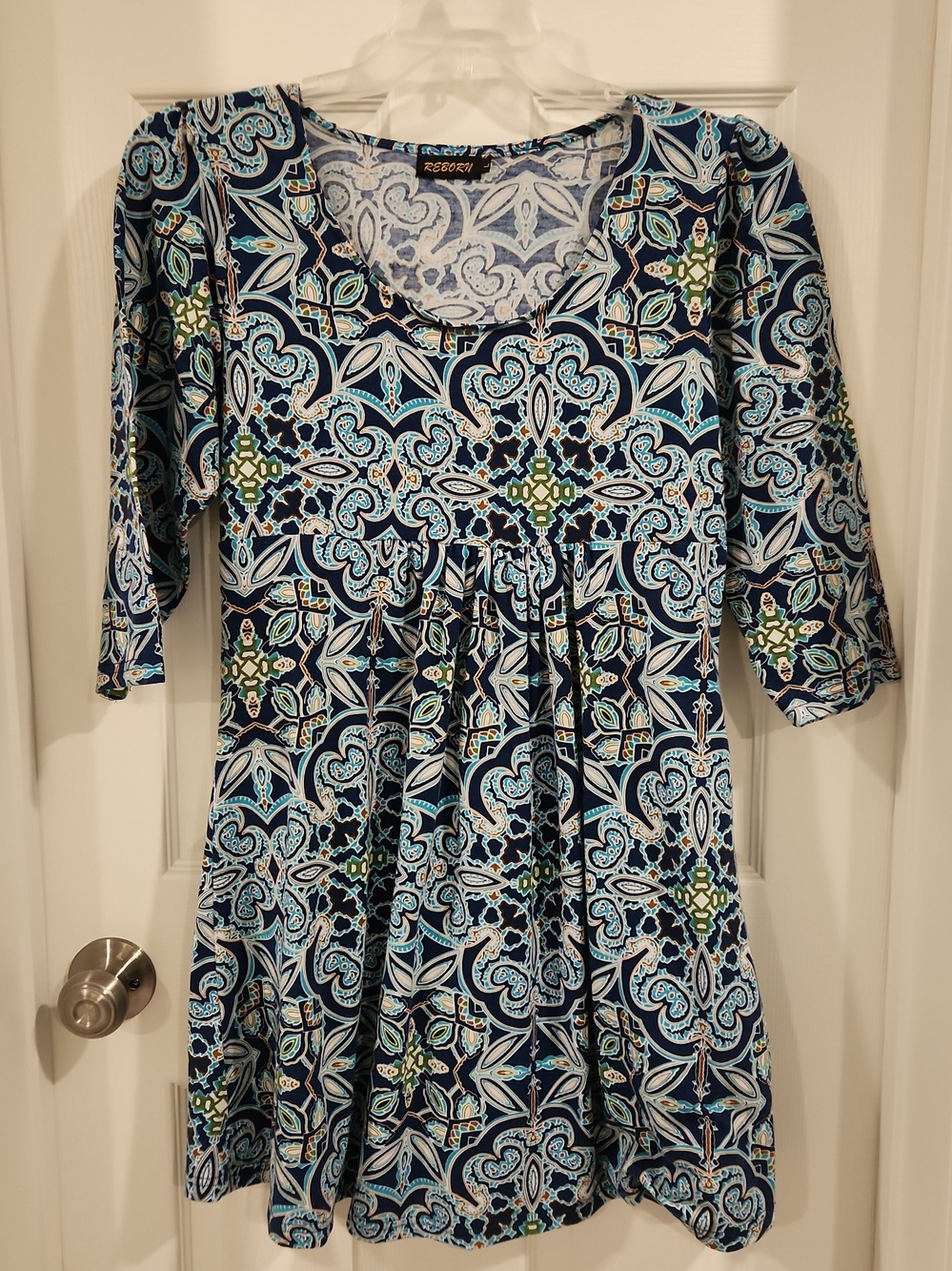 Reborn Empire Waist Tunic Top Size L Blue Paisley Medallion Stretch